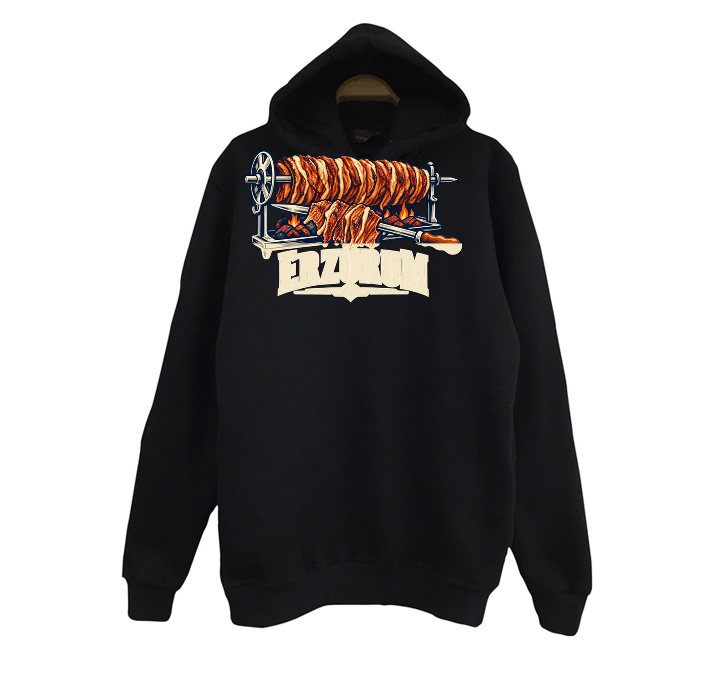Erzurum Oltu Cağ Kebabı baskılı siyah kapüşonlu sweatshirt