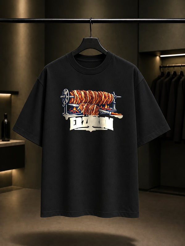 Erzurum Oltu Cağ Kebabı baskılı siyah t-shirt