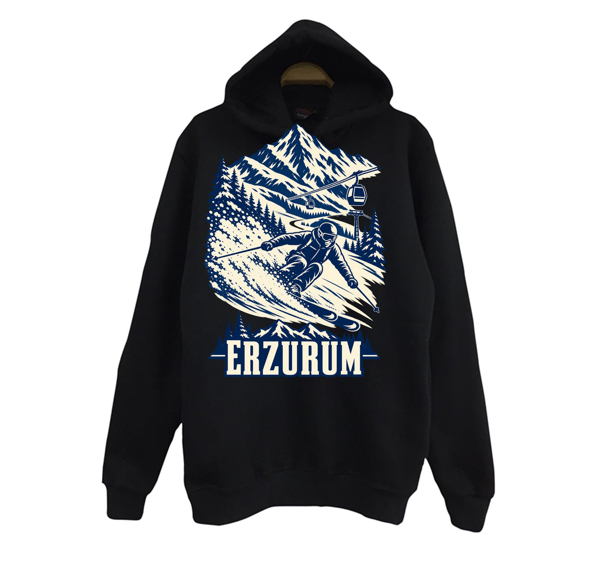 Erzurum Palandöken baskılı siyah kapüşonlu sweatshirt