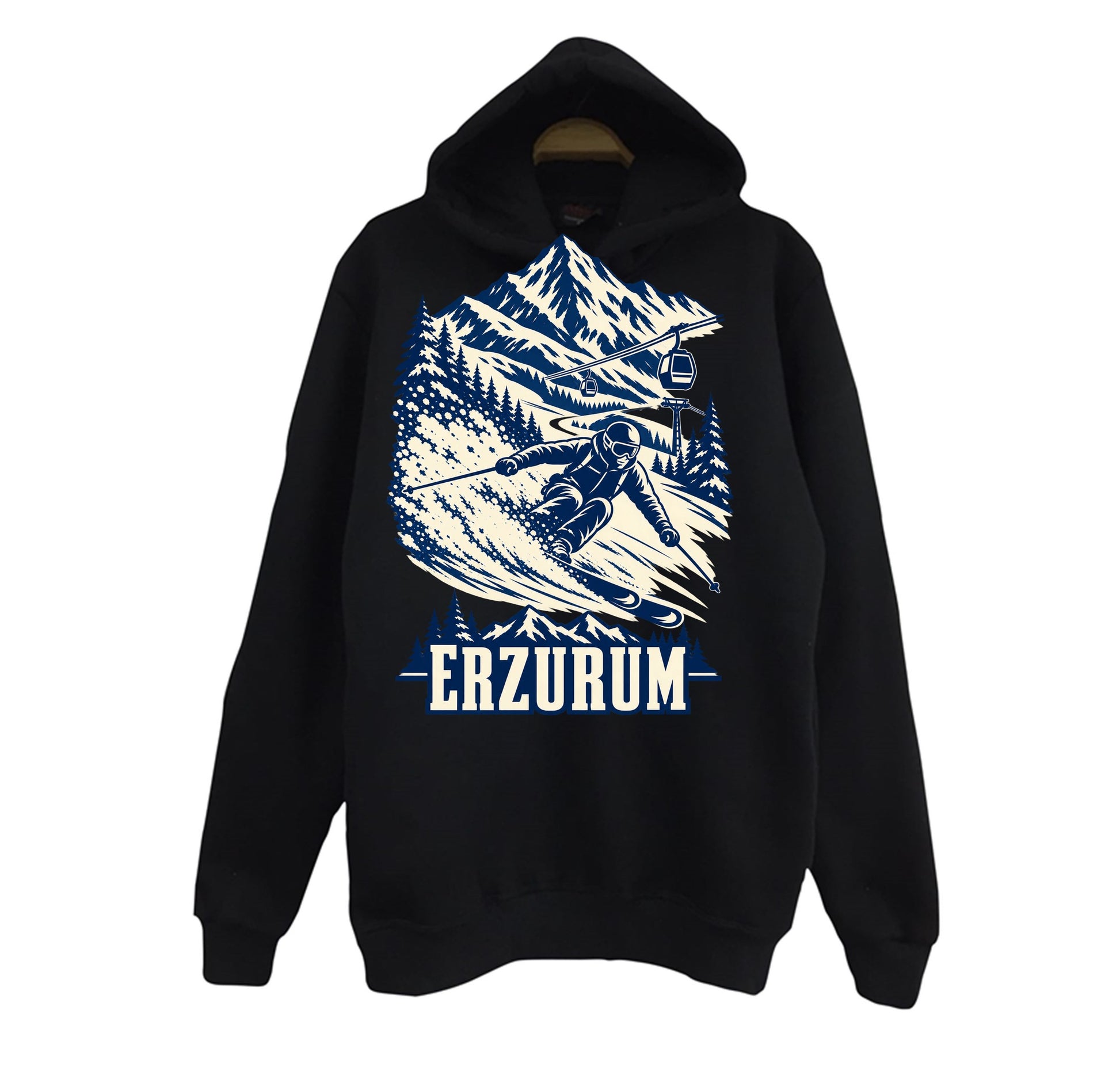 Erzurum Palandöken baskılı siyah kapüşonlu sweatshirt