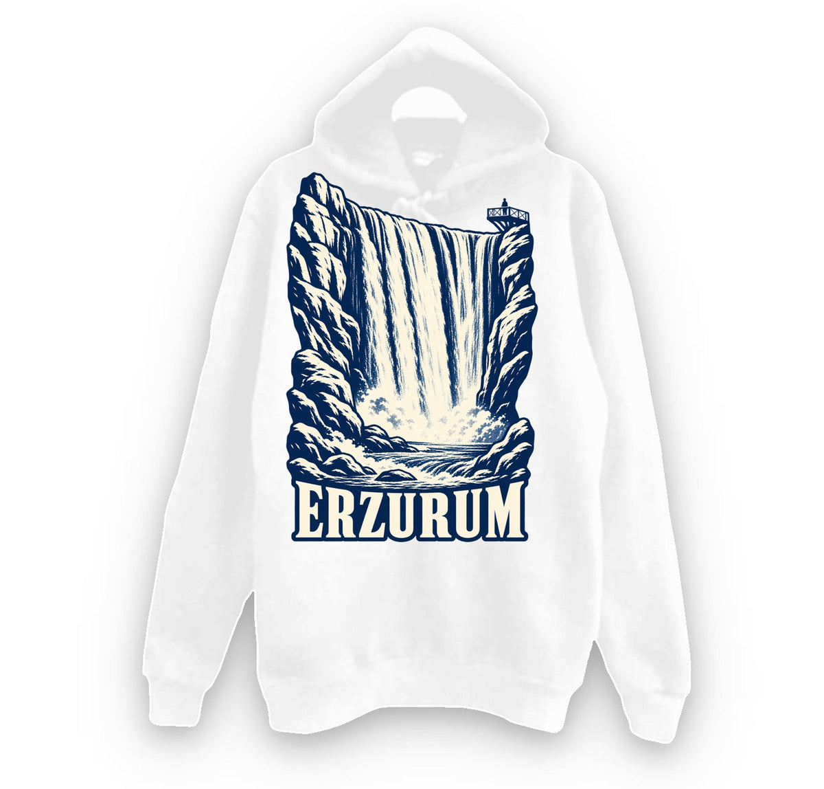 Erzurum Tortum Şelalesi baskılı beyaz kapüşonlu sweatshirt