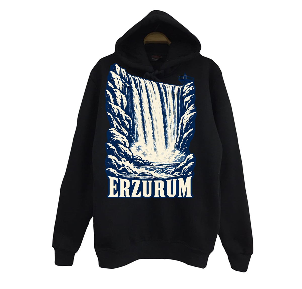 Erzurum Tortum Şelalesi baskılı siyah kapüşonlu sweatshirt