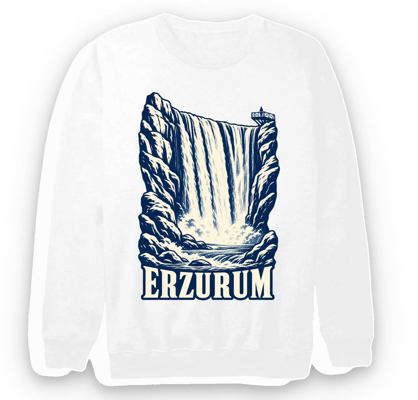 Erzurum Tortum Şelalesi baskılı beyaz sweatshirt