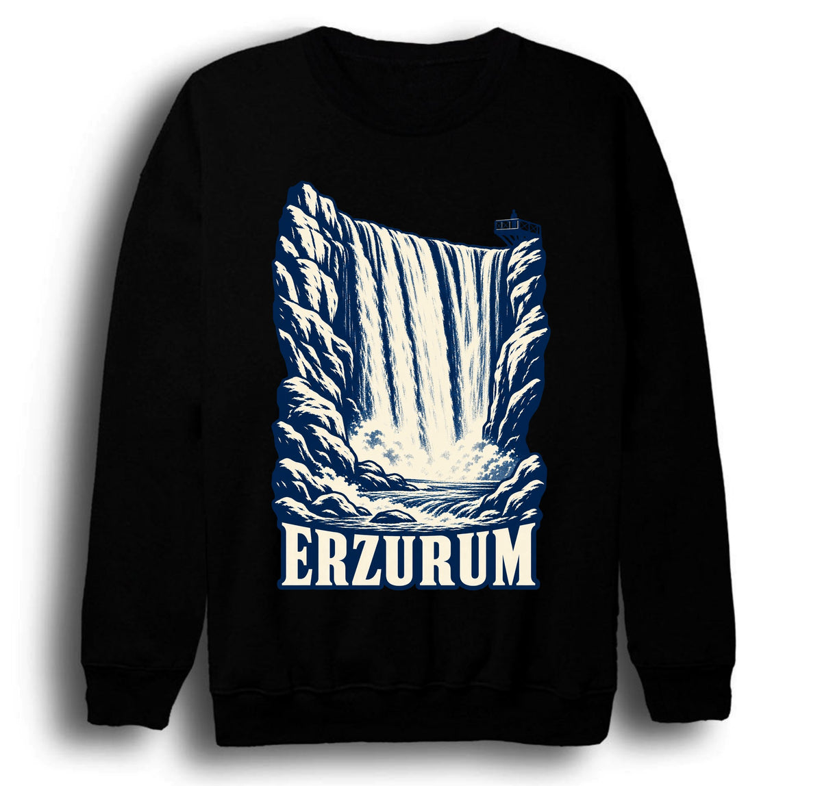 Erzurum Tortum Şelalesi baskılı siyah sweatshirt