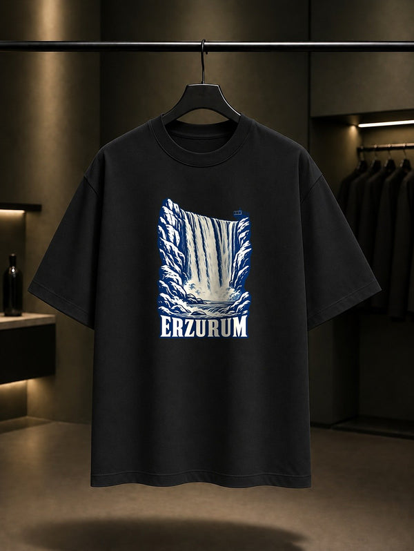 Erzurum Tortum Şelalesi baskılı siyah t-shirt