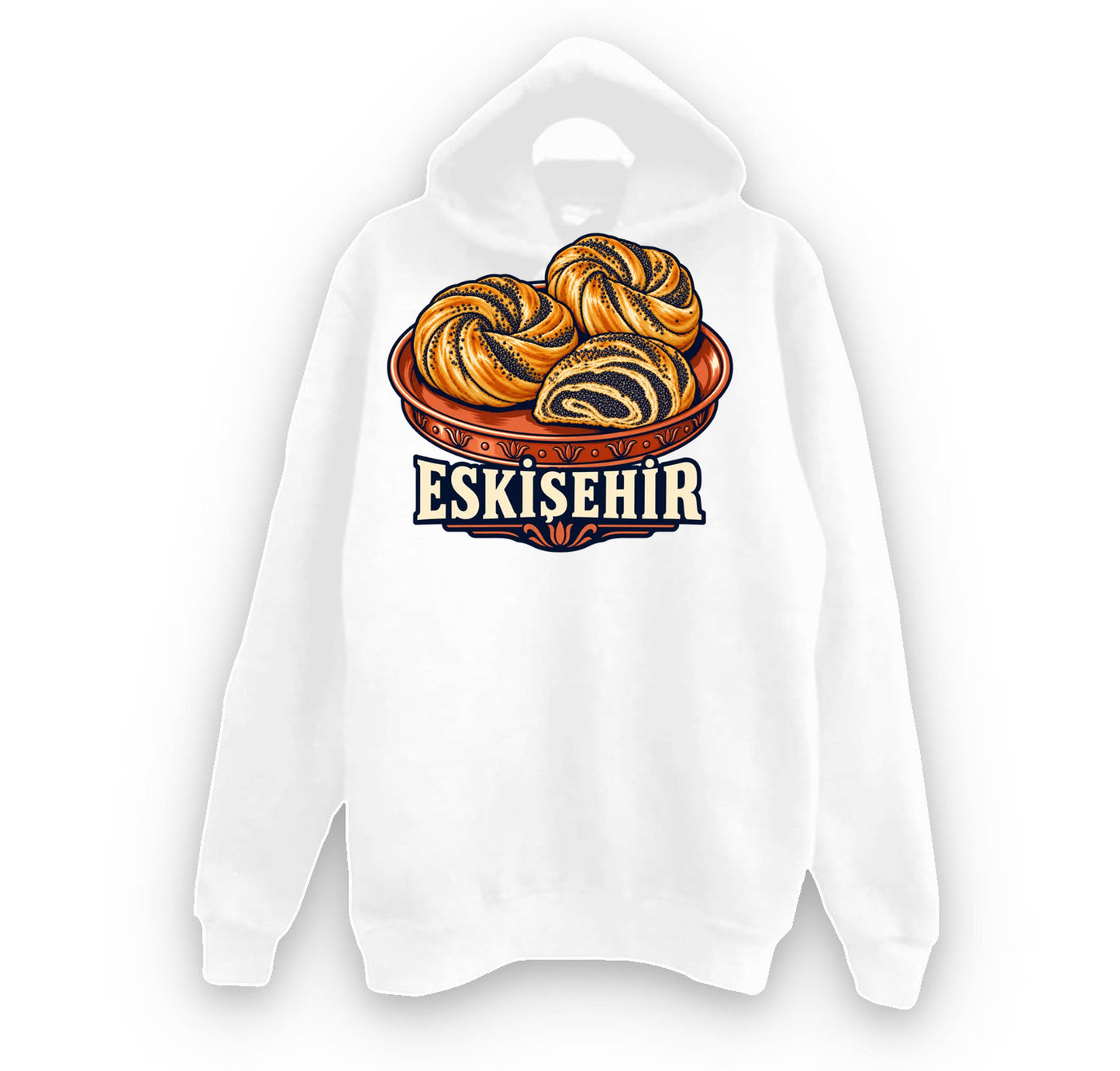 Eskişehir Haşhaşlı Bükme baskılı beyaz kapüşonlu sweatshirt