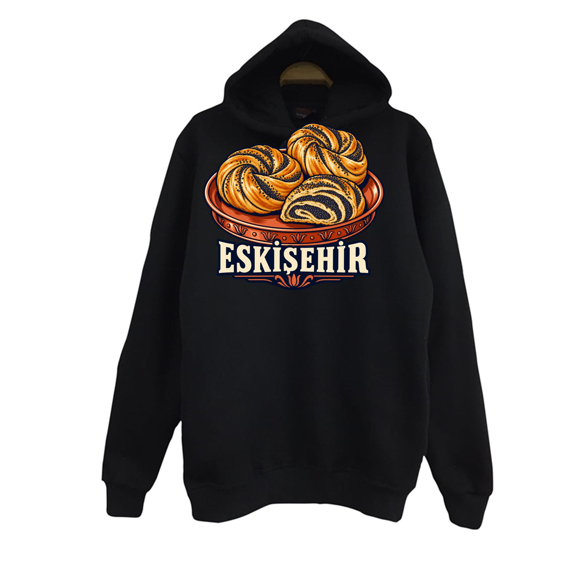 Eskişehir Haşhaşlı Bükme baskılı siyah kapüşonlu sweatshirt