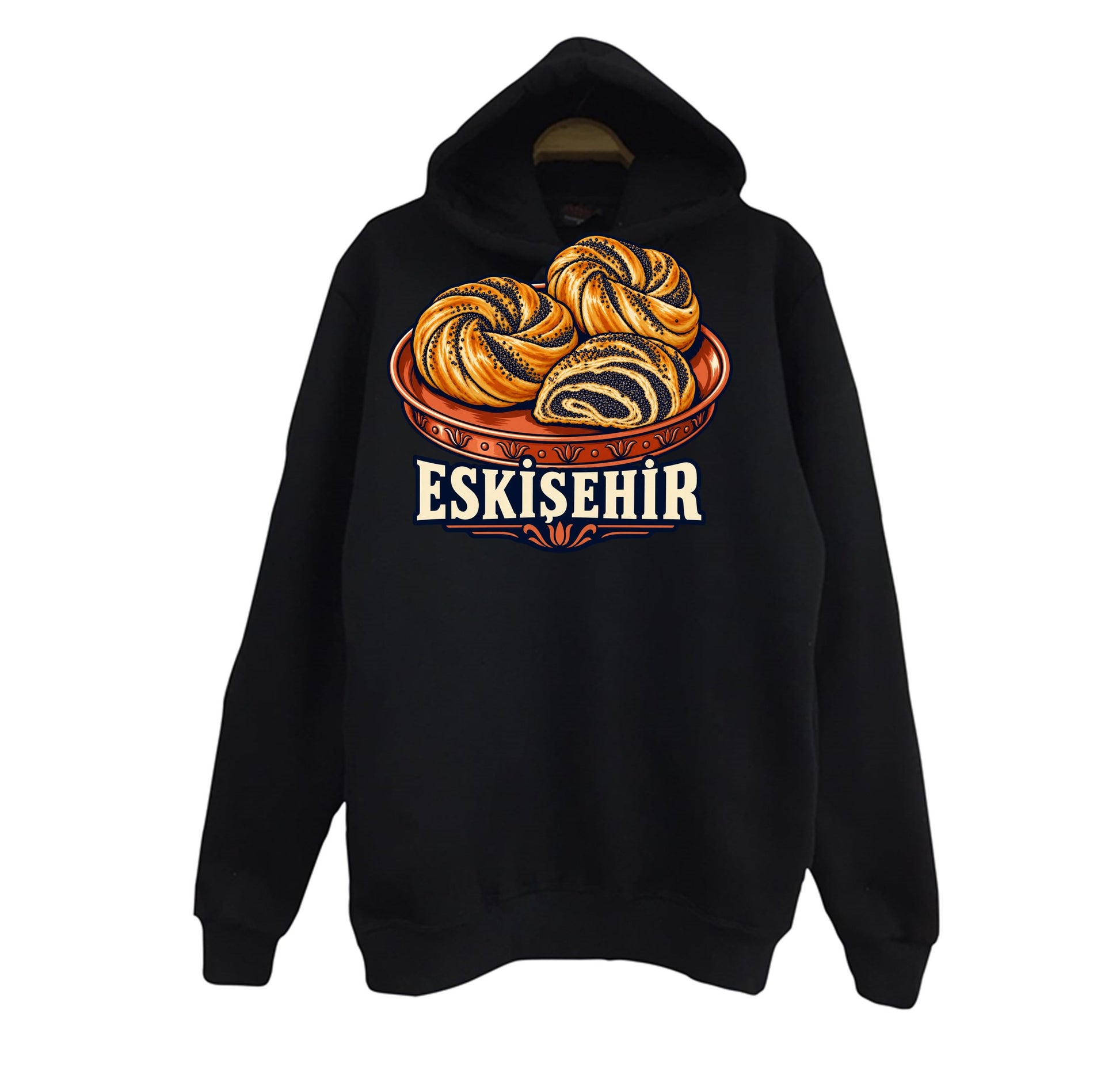 Eskişehir Haşhaşlı Bükme baskılı siyah kapüşonlu sweatshirt