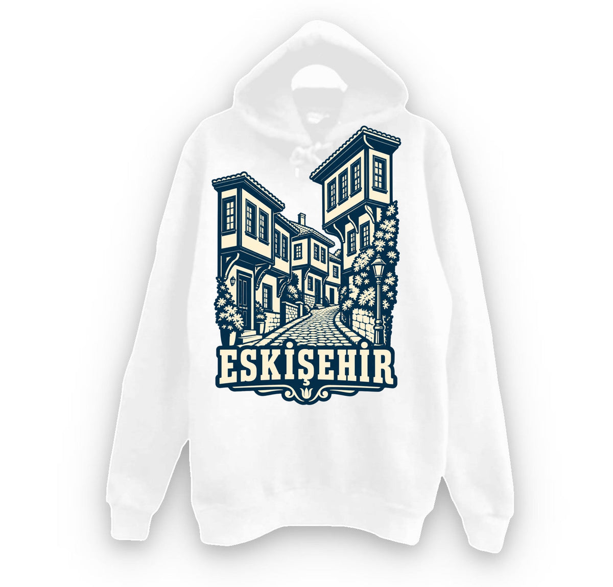 Eskişehir Odunpazarı Evleri baskılı beyaz kapüşonlu sweatshirt