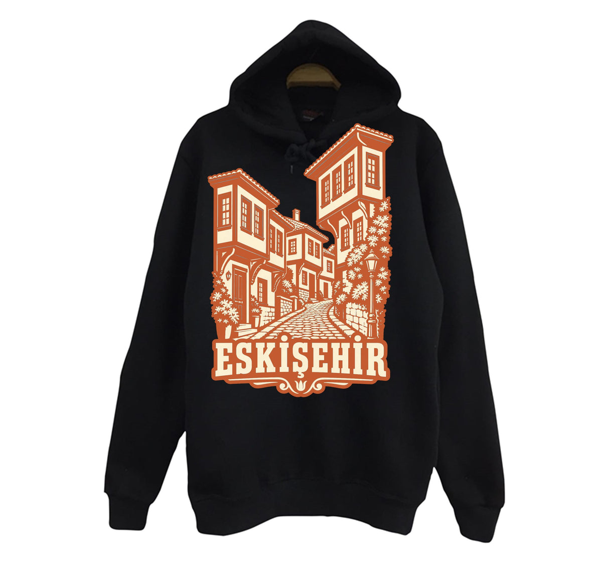 Eskişehir Odunpazarı Evleri baskılı siyah kapüşonlu sweatshirt
