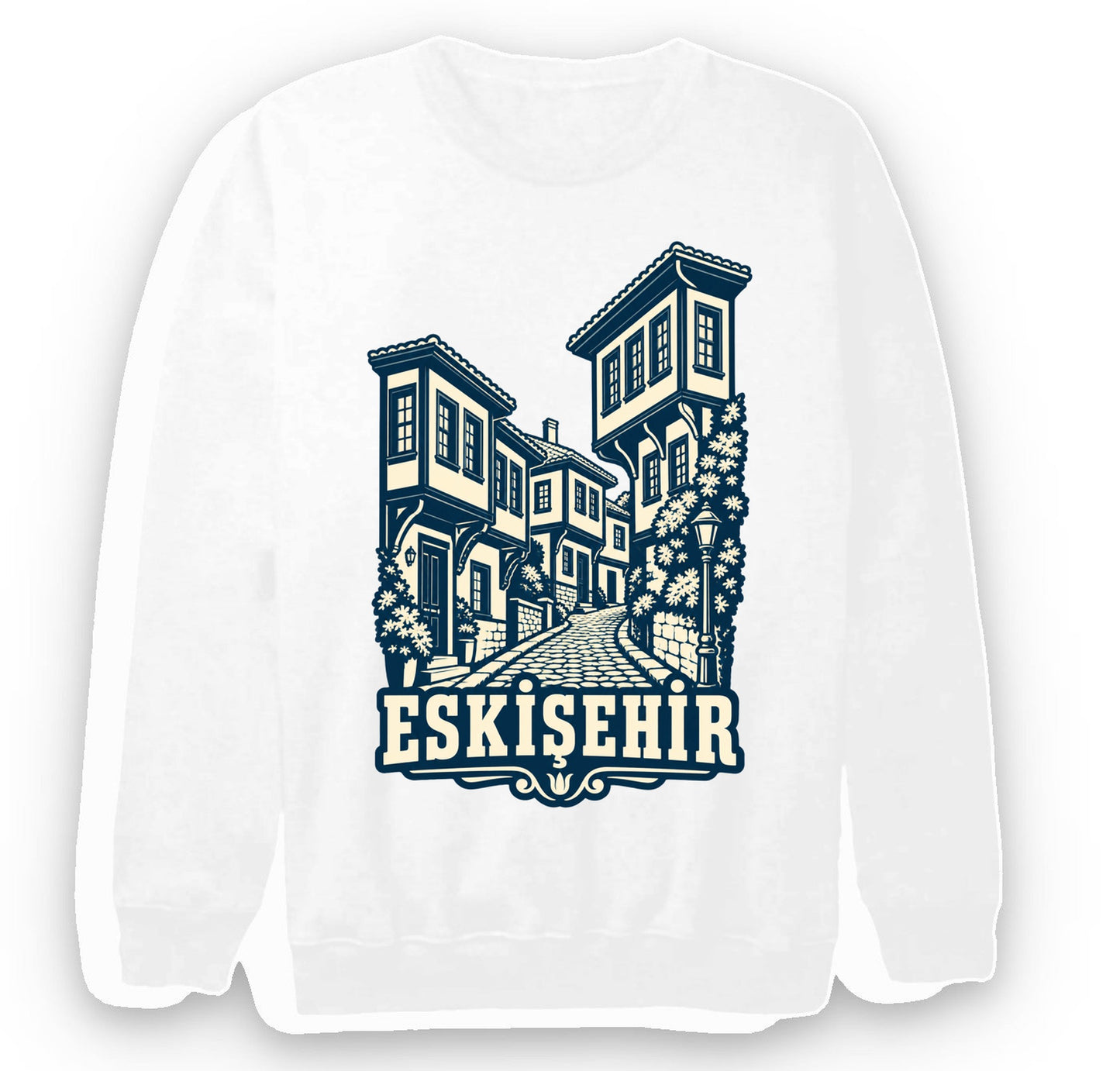 Eskişehir Odunpazarı Evleri baskılı beyaz sweatshirt
