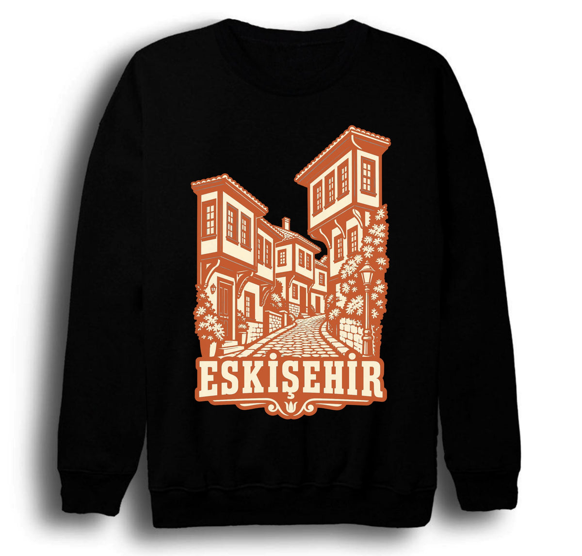 Eskişehir Odunpazarı Evleri baskılı siyah sweatshirt