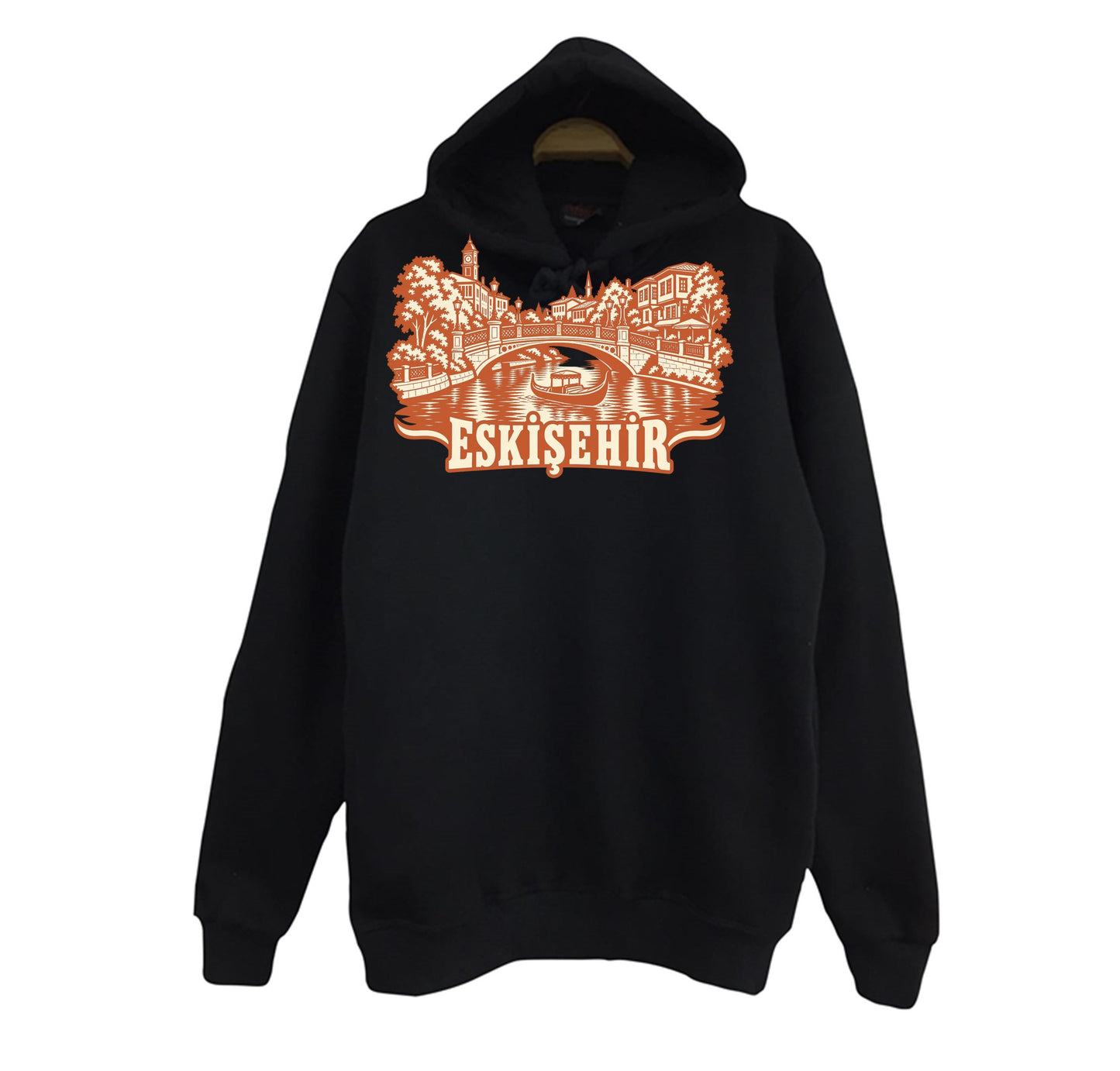 Eskişehir Porsuk Çayı baskılı siyah kapüşonlu sweatshirt