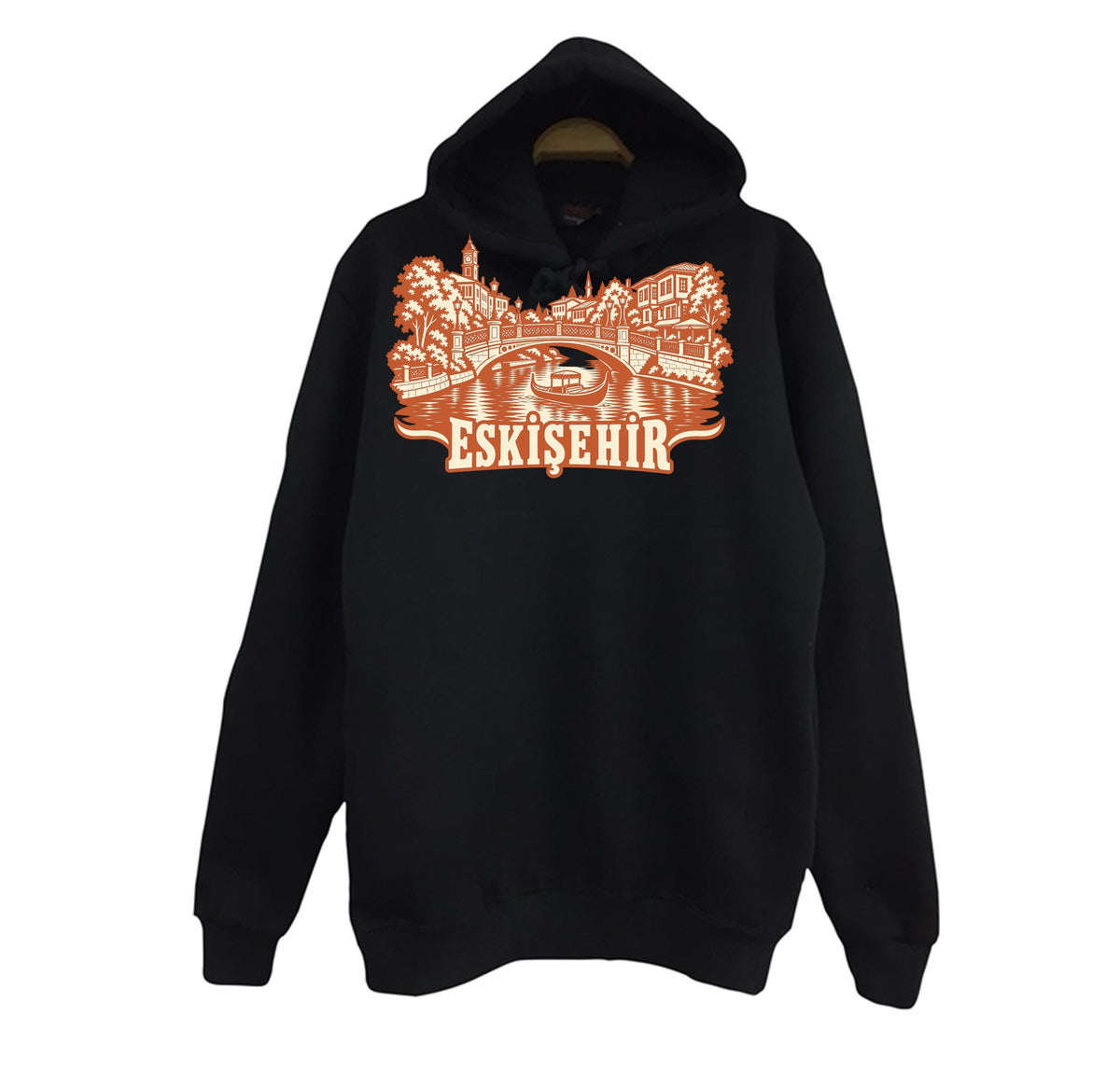 Eskişehir Porsuk Çayı baskılı siyah kapüşonlu sweatshirt