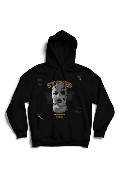 Gangsta STONED yazısı baskılı siyah kapüşonlu sweatshirt