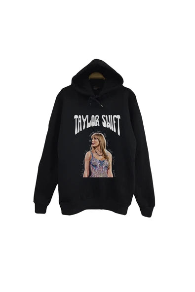 fame-stoned Taylor Swift Baskılı Unisex %100 Pamuk Siyah Kapüşonlu Sweatshirt