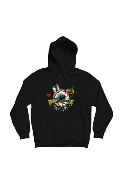 Pink Floyd Renkli göz/prizma amblemi baskılı siyah kapüşonlu sweatshirt