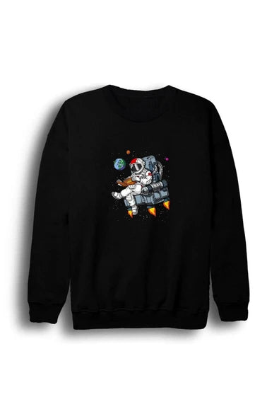 Unisex Siyah Be Brave Boombox taşıyan astronot baskılı siyah sweatshirt