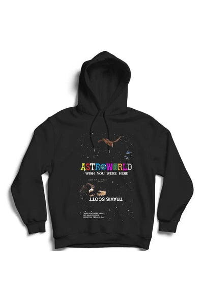 Unisex Siyah Astroworld Travis Scott Wish You Were baskılı siyah kapüşonlu sweatshirt