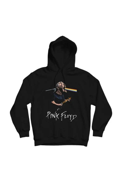Pink Floyd Gitarist fotoğrafı ve el baskılı siyah kapüşonlu sweatshirt