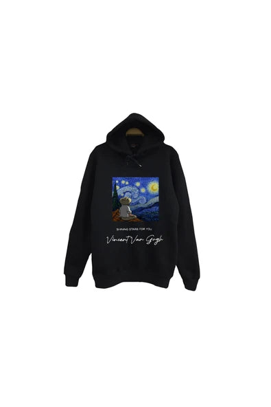 fame-stoned Vincent Van Gogh Baskılı Unisex %100 Pamuk Siyah Kapüşonlu Sweatshirt