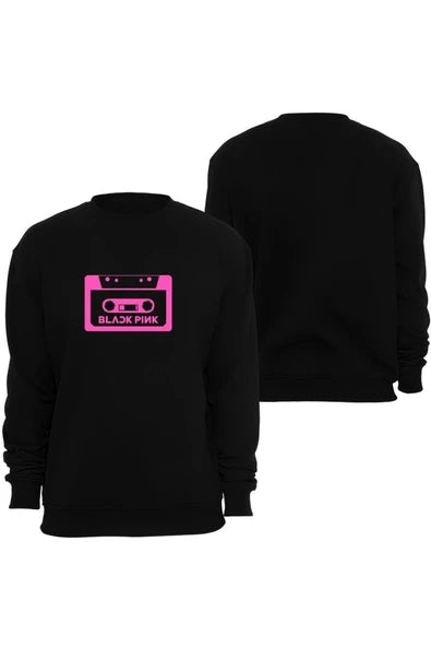 Blackpink ( Kpop , Black Pink ) Pembe kaset teyp baskılı siyah sweatshirt