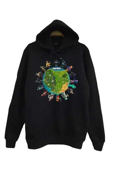 Fortnite Ada haritası ve karakterler baskılı siyah kapüşonlu sweatshirt