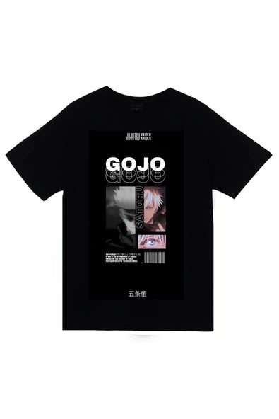 fame-stoned Jujutsu Kaisen Satoru Gojo Anime Baskılı Unisex %100 Pamuk Siyah T-shirt