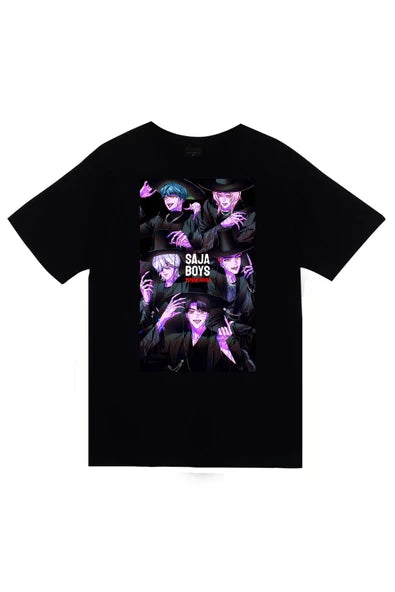 fame-stoned K-Pop Demon Hunters – Saja Boys Baskılı Unisex %100 Pamuk Siyah T-shirt