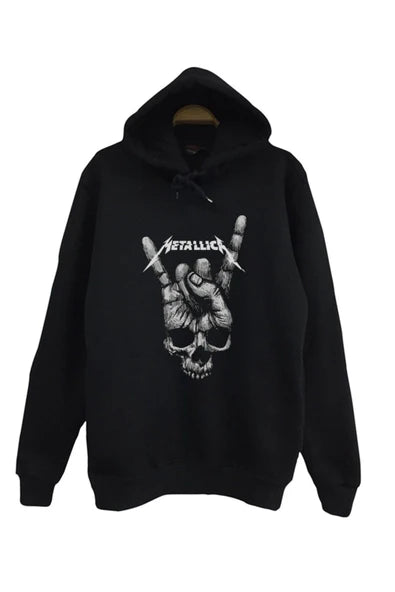 Metallica Logosu, metal selamı yapan baskılı siyah kapüşonlu sweatshirt