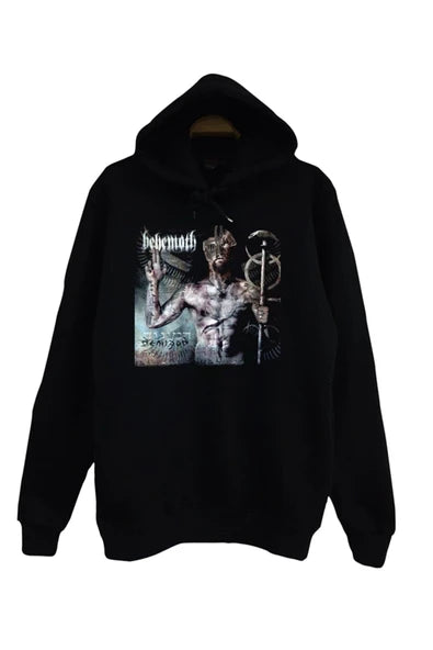 Behemoth Album kapagi illüstrasyonu baskılı siyah kapüşonlu sweatshirt