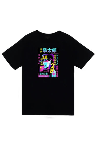fame-stoned  Jojo Anime Baskılı Unisex %100 Pamuk Siyah T-shirt