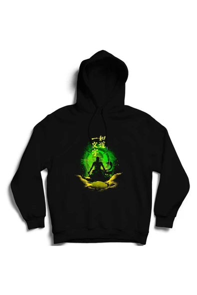 One Piece Anime Yeşil ışık halesi baskılı siyah kapüşonlu sweatshirt