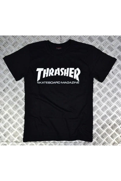 Thrasher Skateboard Magazine alev logosu baskılı siyah tişört