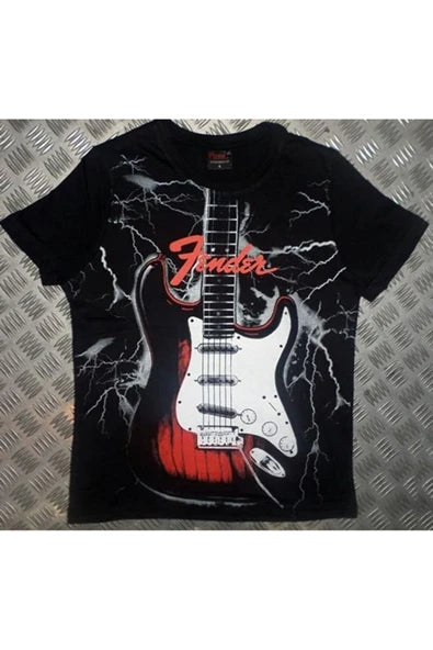 fame-stoned  Fender Baskılı Unisex %100 Pamuk Siyah T-shirt