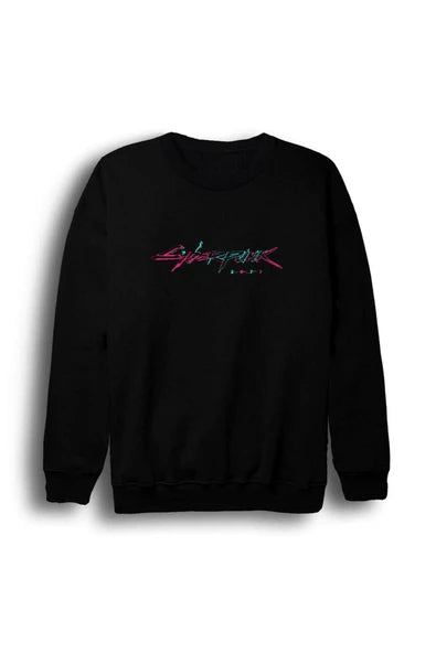 fame-stoned Erkek Siyah Cyber Punk Baskılı Bisiklet Yaka Sweatshirt
