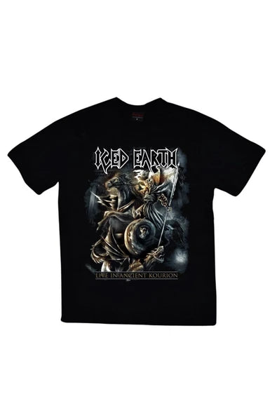Iced Earth Live in Ancient Kourion baskılı siyah tişört