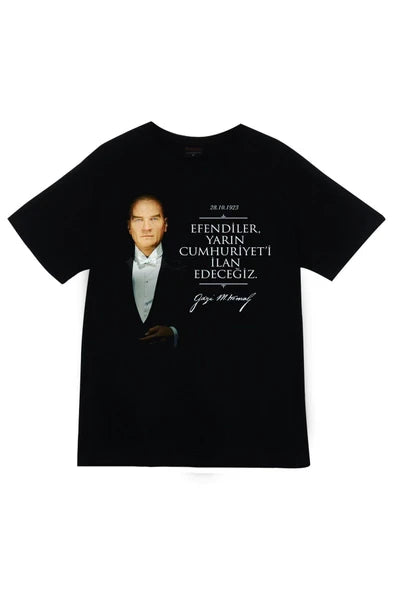 fame-stoned  Gazi Mustafa Kemal Atatürk Baskılı Unisex %100 Pamuk Siyah T-shirt