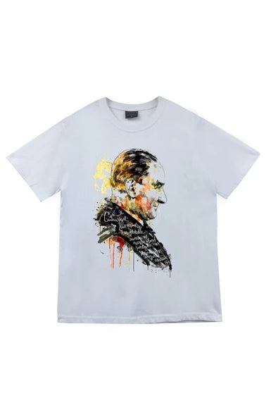 fame-stoned  Gazi Mustafa Kemal Atatürk Baskılı Unisex %100 Pamuk Beyaz T-shirt