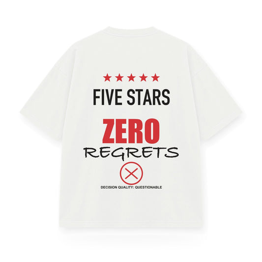 Five Stars Zero Regrets baskılı beyaz tişört