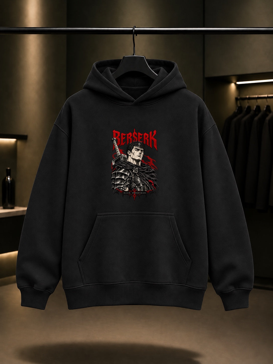 Berserk Guts Portre Kapüşonlu Sweatshirt Siyah