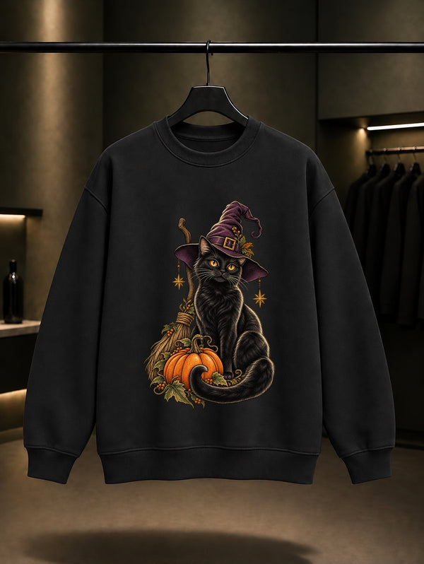 Halloween Witch Cat Sweatshirt Siyah