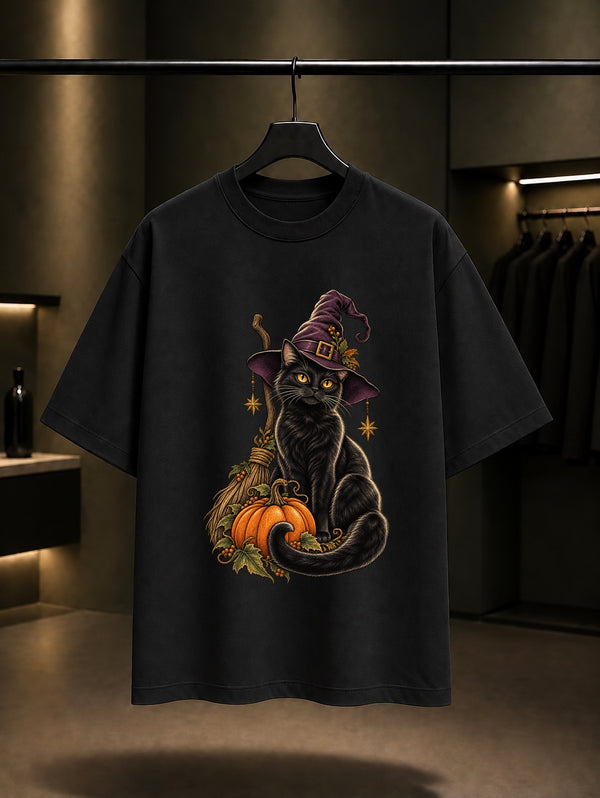 Halloween Witch Cat Tişört Siyah