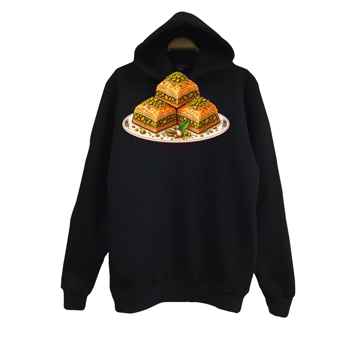 Gaziantep Antep Baklavası baskılı siyah kapüşonlu sweatshirt