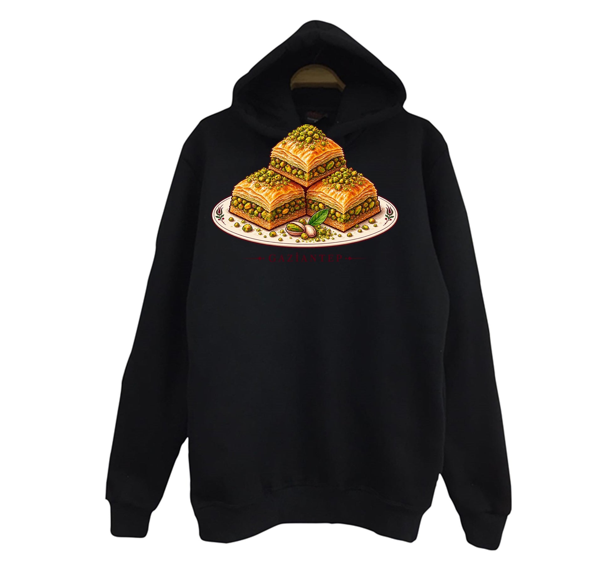 Gaziantep Antep Baklavası baskılı siyah kapüşonlu sweatshirt