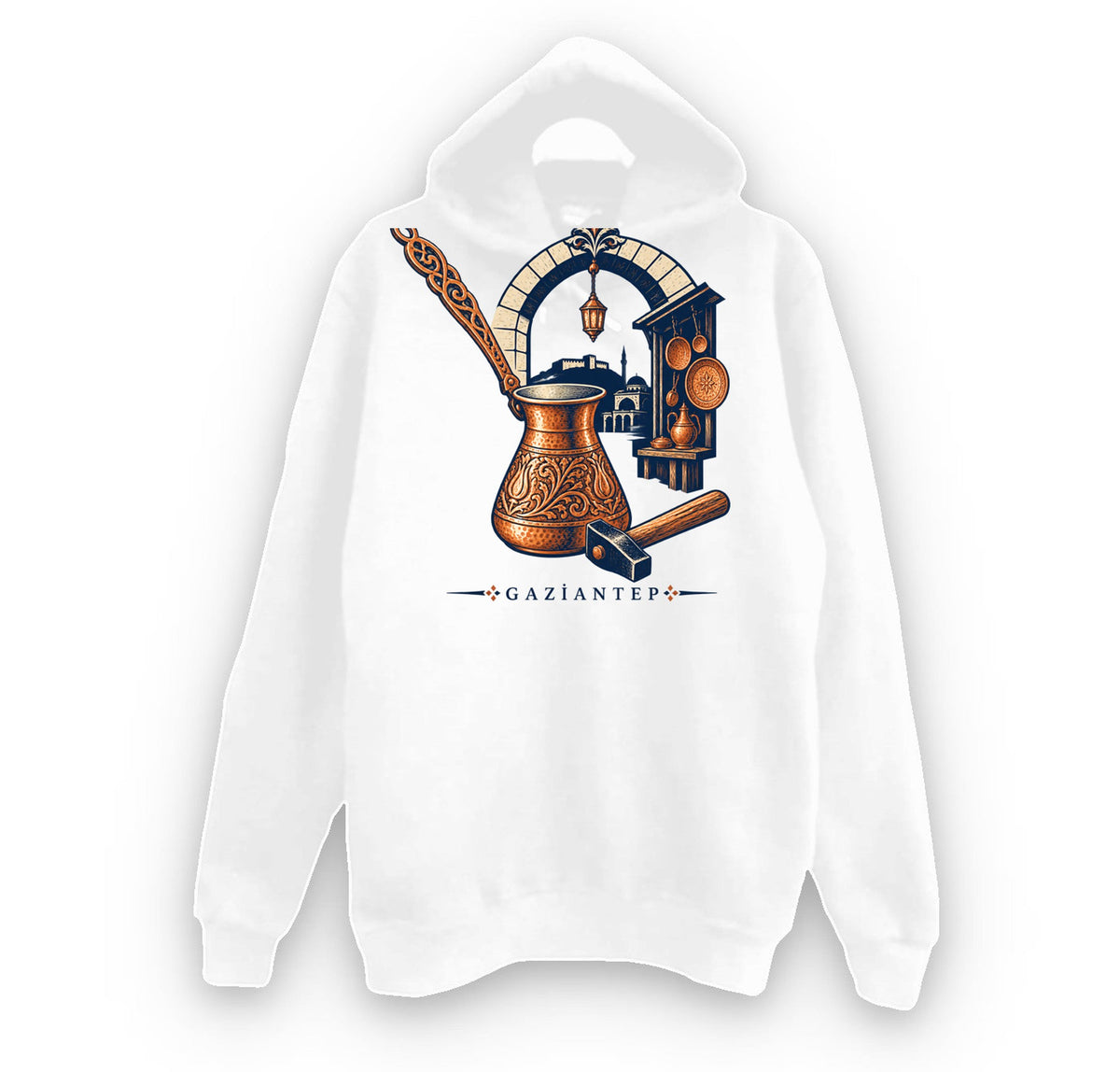Gaziantep Bakırcılar Çarşısı baskılı beyaz kapüşonlu sweatshirt
