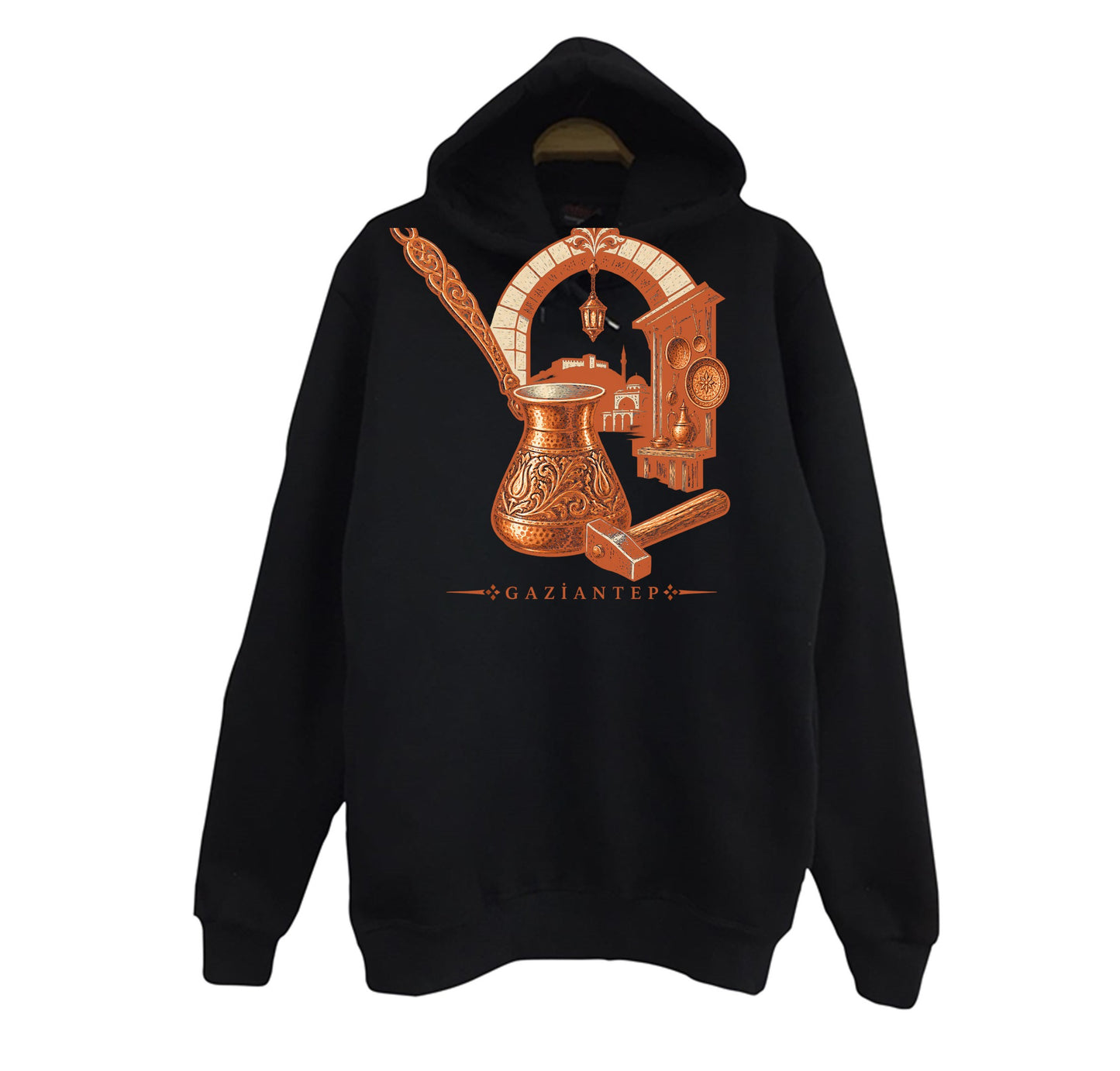 Gaziantep Bakırcılar Çarşısı baskılı siyah kapüşonlu sweatshirt