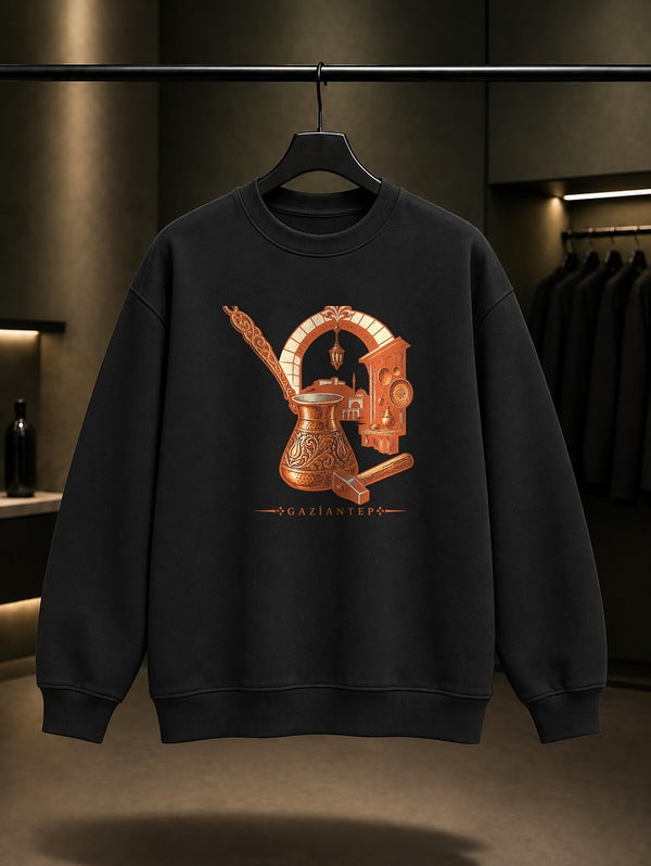 Gaziantep Bakırcılar Çarşısı baskılı siyah sweatshirt