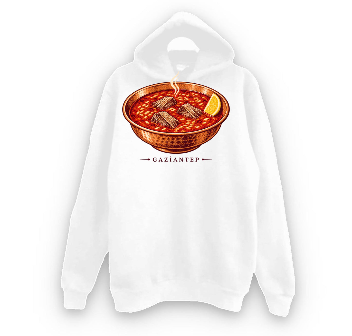 Gaziantep Beyran baskılı beyaz kapüşonlu sweatshirt