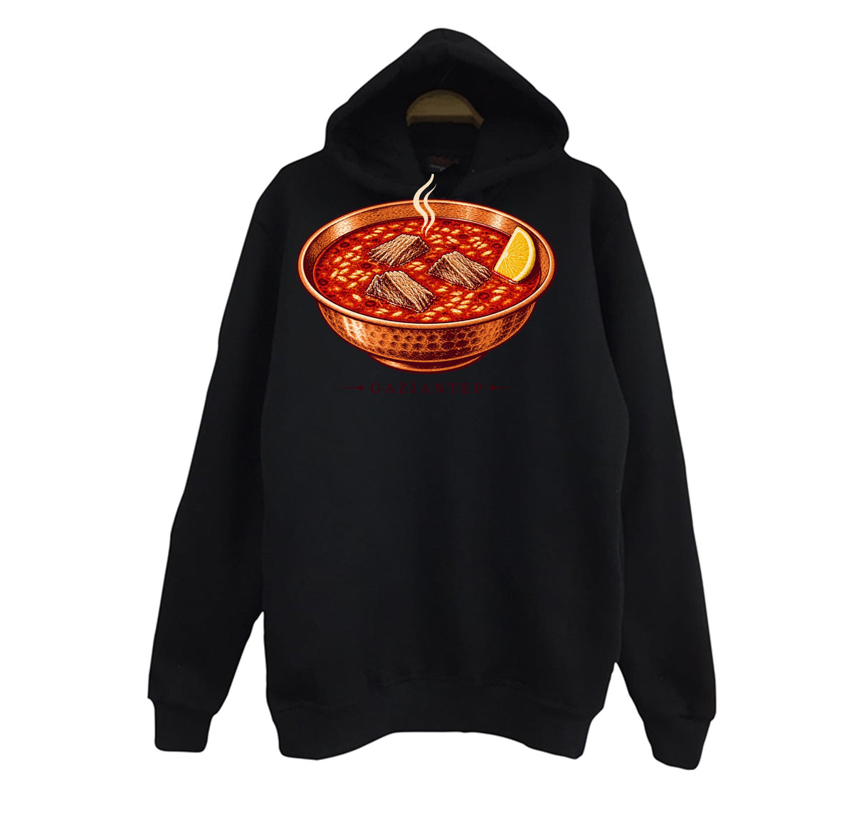 Gaziantep Beyran baskılı siyah kapüşonlu sweatshirt